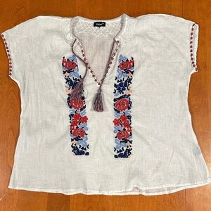 Talbots White Embroidered Tassel Peasant Boho Tunic with Red & Blue Floral XL?